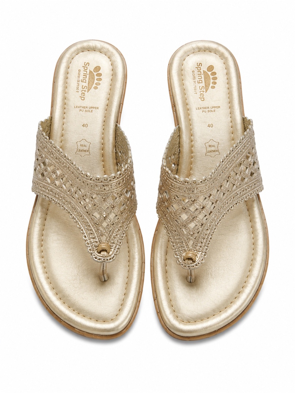 Spring Step Leather Gold Wedge Thong Sandals EU 40 US 9 Comfort Slides